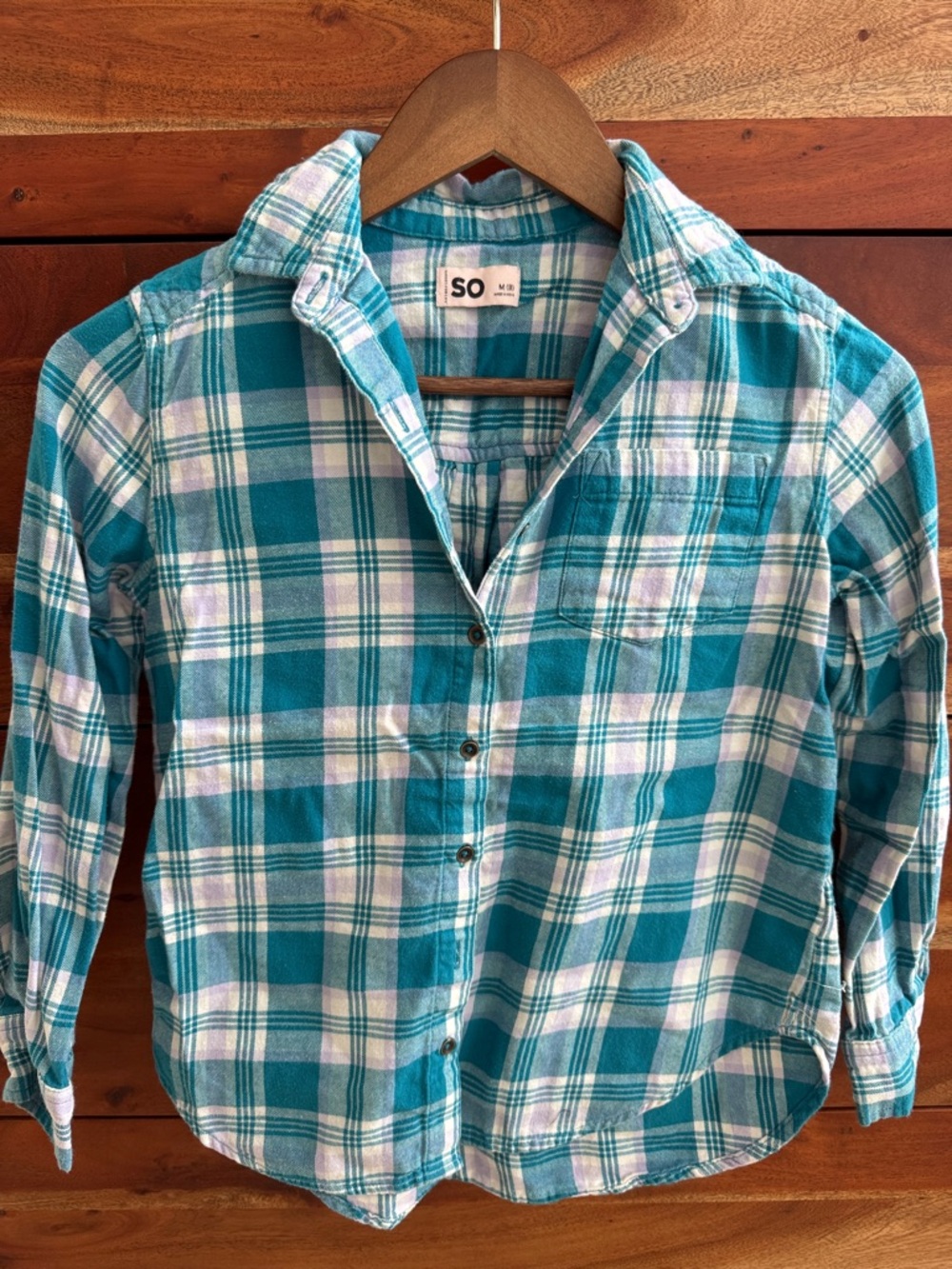 SO Girls Teal and White Plaid Button-Down Shirt